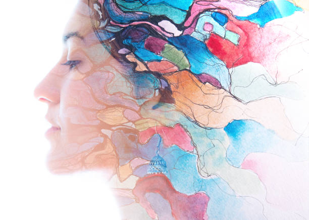 ペイントグラフィー。ユニークな技術で作成された手描きの水墨画と組み合わせた若い美しい女性の二重露出の肖像画。 - female people group of people human face ストックフォトと画像