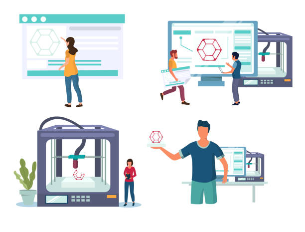 ilustrações, clipart, desenhos animados e ícones de conceito de vetor da indústria de impressão 3d para banner na web, página do site - merchandise new development research