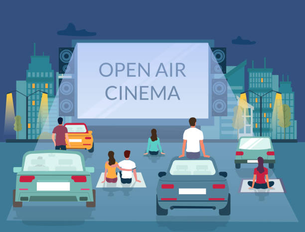 Open air cinema, vector poster design template Open air cinema, vector illustration. Male and female characters watching film on big screen while sitting on ground and car roof in parking lot. Outdoor movie theater, drive-in cinema poster template woman driving car night stock illustrations