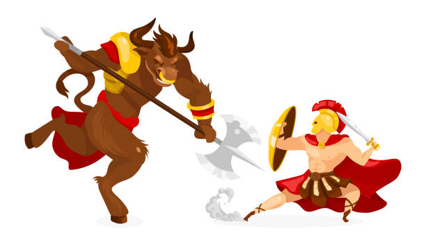 istock Theseus and Minotaur flat vector illustration. Greek mythology. Ancient story and legend. Hero fighting mythological creature. Warrior with sword isolated cartoon character on white background 1194098659