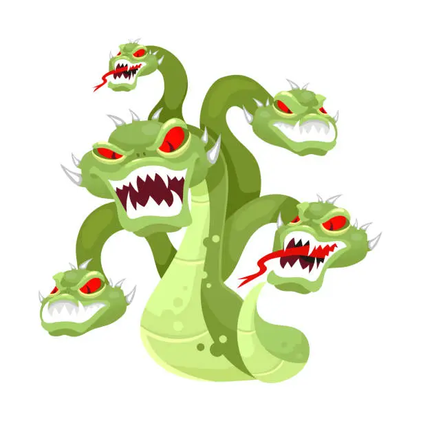 Vector illustration of Hydra flat vector illustration. Mythological creature. Multi-head monster. Serpent, venomous snake with many heads. Greek mythology. Fantastical beast isolated cartoon character on white background