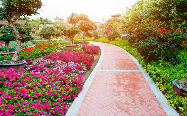 istock Brick path and flowerbeds in the park 1194099486