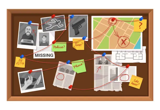 Vector illustration of Detective board. Crime investigation in police department, connections chart with newspaper clippings, photos and map vector concept