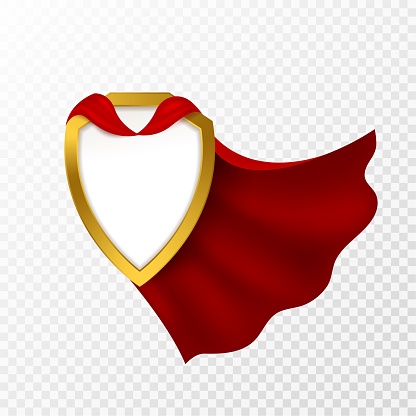 Red cape badge. Hero cloak, mantle carnival super clothes with blank shield. Success and leadership symbol, power vector imagination superhero concept