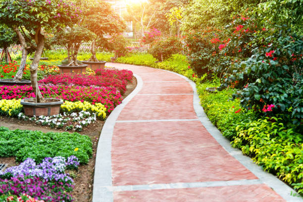 istock Brick path and flowerbeds in the park 1194099927