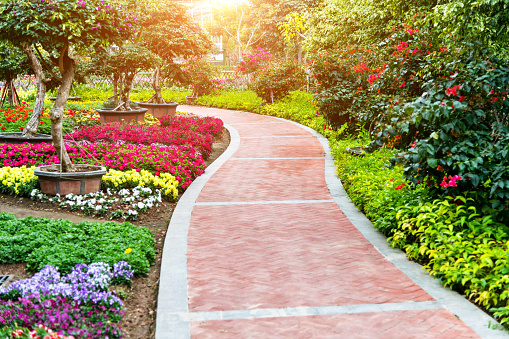 Brick path and flowerbeds in the park.