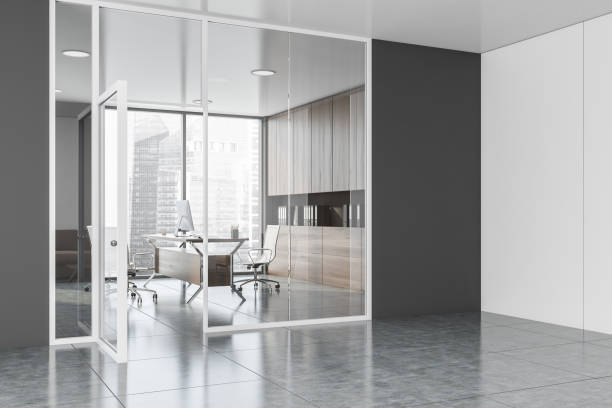 istock Modern office hall with gray CEO office 1194102292