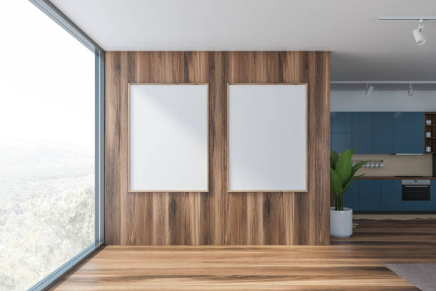 istock Blue and wooden kitchen with two posters 1194102323
