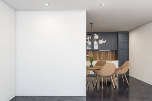 istock White and gray kitchen with table and mock up 1194102504