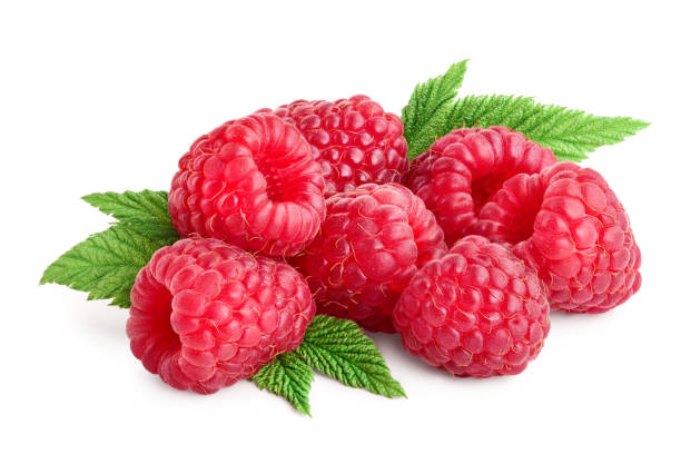 istock Ripe raspberries with leaf isolated on a white background 1194103782