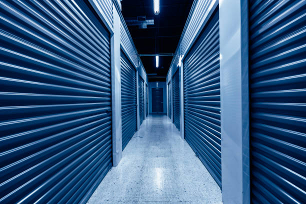 istock Hallway with blue storage units. Blue phantom colors 1194107555