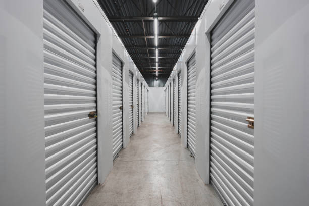 Self storage facility, metal doors with locks. stock photo