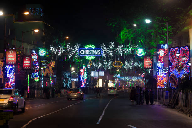 Christmas in Kolkata. New Year's Decoration of the Park street, Kolkata, India on December 2019 stock photo