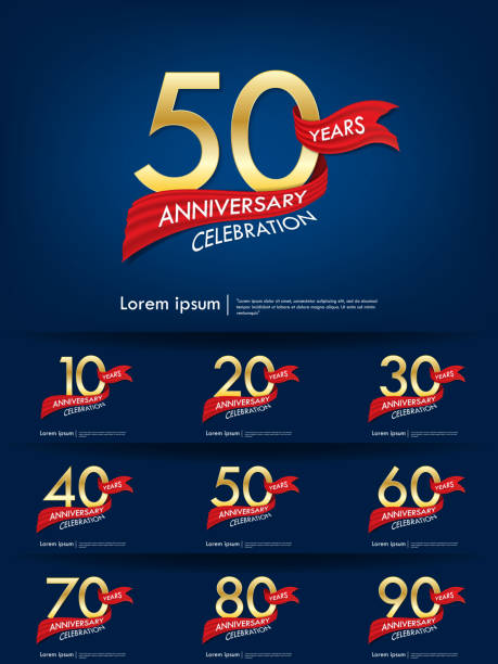 set of 10th-90th  anniversary celebration emblem. anniversary elegance golden logo with red ribbon on blue background template design for web, poster, leaflet, flyer, greeting card and invitation card set of 10th-90th  anniversary celebration emblem. anniversary elegance golden logo with red ribbon on blue background template design for web, poster, leaflet, flyer, greeting card and invitation card 30th anniversary stock illustrations