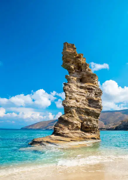 Photo of Photo of iconic beach of Grias Pidima near village of Korthi, with rare geological rock and turquoise clear waters, Andros island, Cyclades, Greece