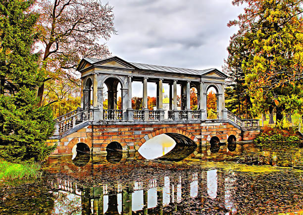 Painting style - Marble bridge in Catherine Park, Pushkin, Saint Petersburg, Russia. The Siberian Marble Gallery is a decorative pedestrian roofed Palladian bridge (gallery walkway) in Empress Catherine Park in the former royal residence Tsarskoye Selo (now town of Pushkin) near Saint Petersburg, Russia. pushkin st petersburg stock illustrations