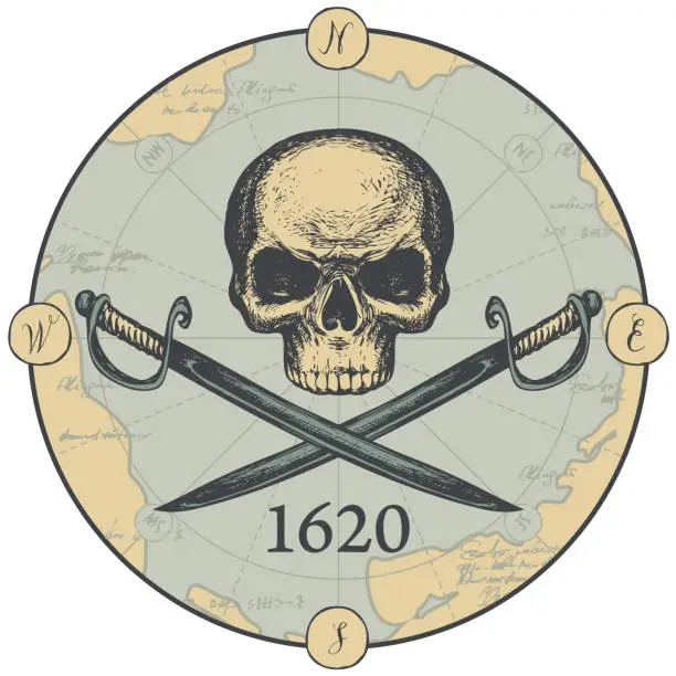 Vector illustration of vector banner with human skull, swords and old map