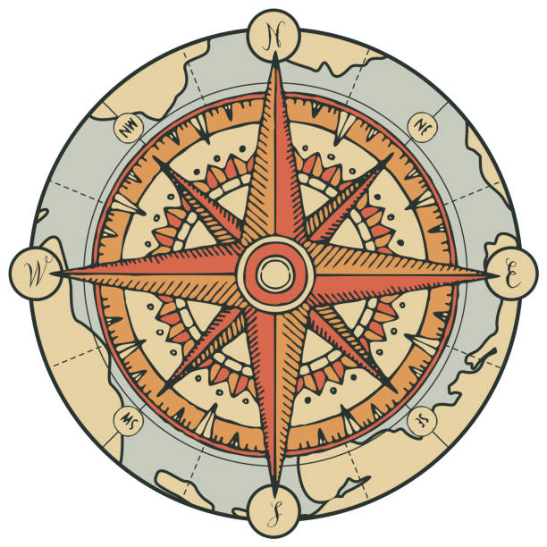 ilustrações de stock, clip art, desenhos animados e ícones de vector banner with compass, wind rose and old map - drawing compass compass rose direction sea