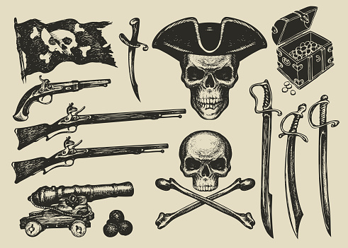 Vector set of hand drawn illustrations on a pirate theme in vintage style. Skulls, crossbones, pirate flag, sabers, swords, ship guns, pistols, treasure chest and other design elements.