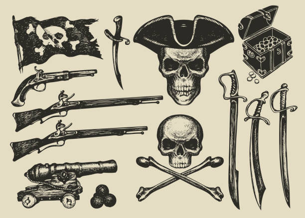 Vector set of hand drawn illustrations on a pirate theme Vector set of hand drawn illustrations on a pirate theme in vintage style. Skulls, crossbones, pirate flag, sabers, swords, ship guns, pistols, treasure chest and other design elements. pirate criminal illustrations stock illustrations