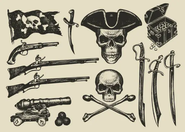 Vector illustration of Vector set of hand drawn illustrations on a pirate theme