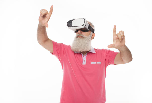 istock Bearded senior man with virtual glasses. 1194115572