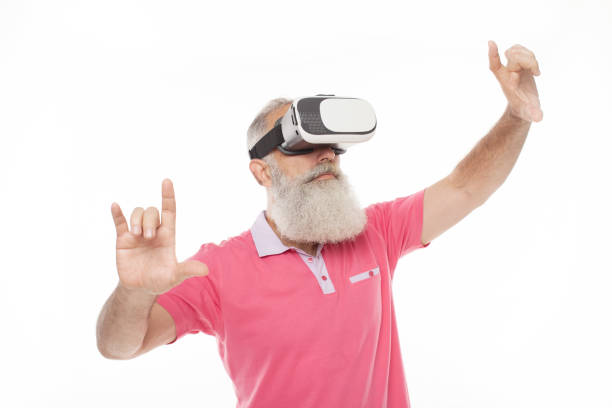 istock Bearded senior man with virtual glasses. 1194116827