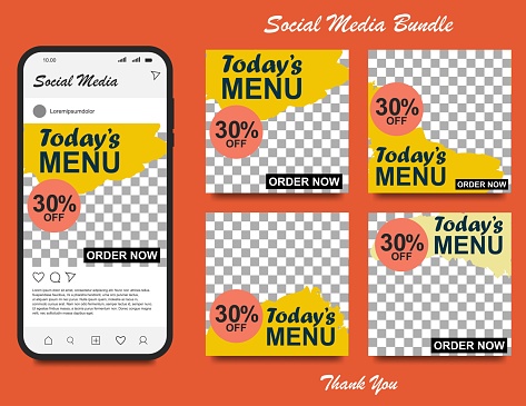 Social media banner for food and drink business. Food social media template for restaurant business. Modern social template post banner. Food discount post template.