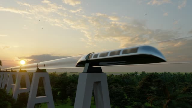 Maglev Monorail hyperloop on cloudy background. 3d illustration. Future technology illustration. Virtual travel. 3d render