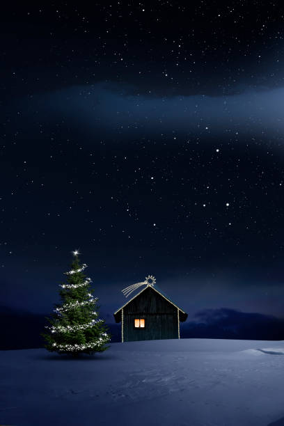 istock Christmas illuminated hut in cold winter night 1194118105