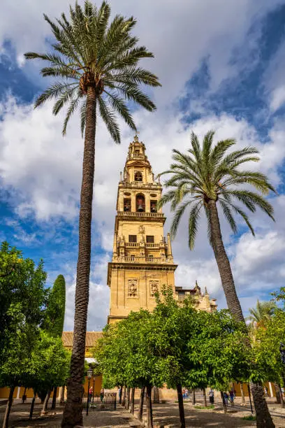 The Bell Tower, Torre Campanario at the Mosque-Cathedral of Cordoba, Spain. A minaret of the Mezquita was converted to the bell tower of the cathedral.