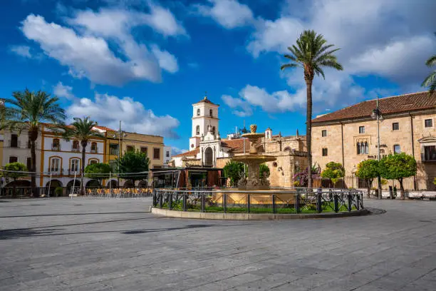 Square of Spain, Plaza de Espana with the Town Hall at background . Merida is the administrative capital of Extremadura, Spain
