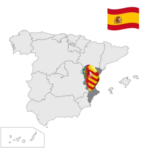 Vector illustration of Location of Valencia on map Spain. 3d Valencia location sign similar to the flag of Valencia. Quality map  with regions Kingdom of Spain. Stock vector. EPS10.