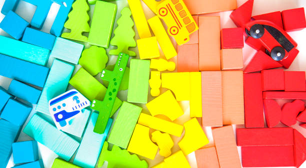 istock Eco-friendly wooden color constructor isolated on white background. child development to preschool. Playing Building Blocks Toys. 1194119835