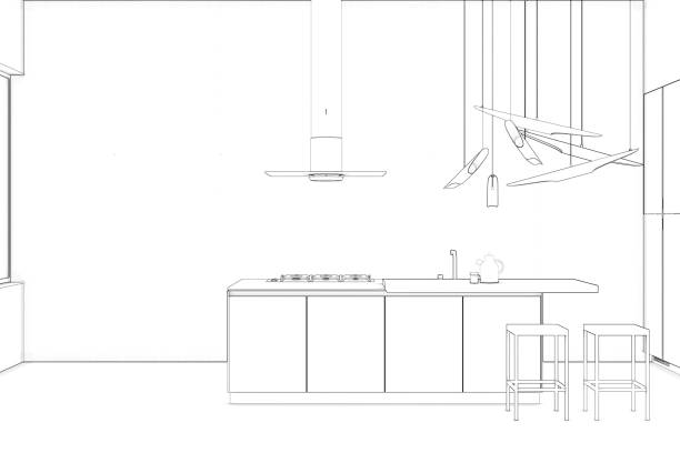 szkic stylowego nowoczesnego wnętrza kuchni z barem śniadaniowym i żyrandolem. widok z przodu. - domestic kitchen furniture decor luxury zdjęcia i obrazy z banku zdjęć