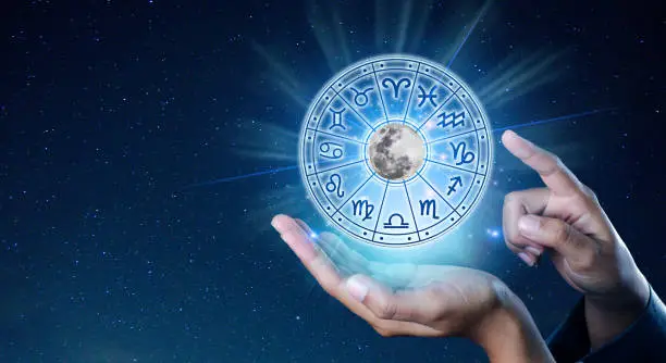 Photo of Zodiac signs inside of horoscope circle. Astrology in the sky with many stars and moons  astrology and horoscopes concept