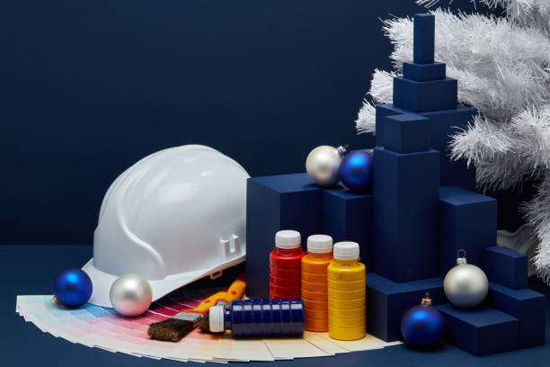 istock Construction hard hat, colour guide, Christmas decorations. Christmas and New Year construction 1194122967