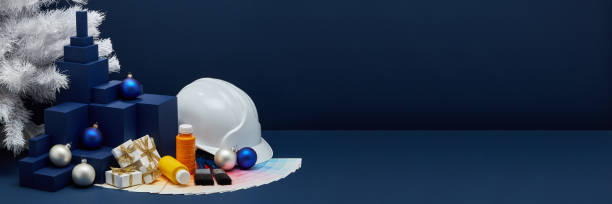 istock Construction hard hat, colour guide, Christmas decorations. Christmas and New Year construction. Extra wide banner background 1194123000