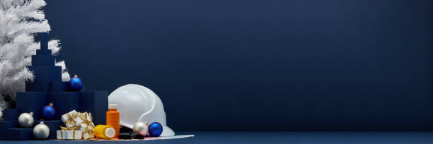 istock Construction hard hat, colour guide, Christmas decorations. Christmas and New Year construction. Extra wide banner background 1194123010