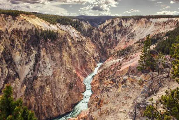Photo of Grand Canyon of Yellowstone, the river flows through the cliffs of yellow and orange sandstone, in Yellowstone National Park, Wyoming