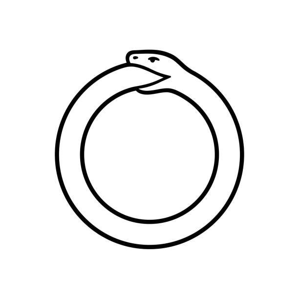 Ouroboros snake symbol Ouroboros symbol, snake eating its own tail. Simple black and white drawing. Modern circle logo, vector illustration. simple snake tattoo drawings stock illustrations