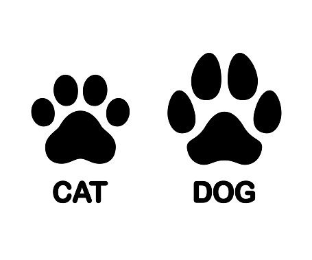 Dog and cat paw print symbol. Black and white silhouette icon, difference between feline and canine trace. Isolated vector clip art illustration.