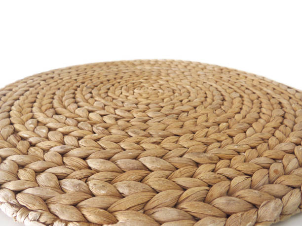 istock top view texture of handmade round beige wicker tablecloth surface isolated on white background; Close-up of single oval water mat of water hyacinth fabric. Rustic appearance Heat-resistant. Environmentally friendly. 1194132160