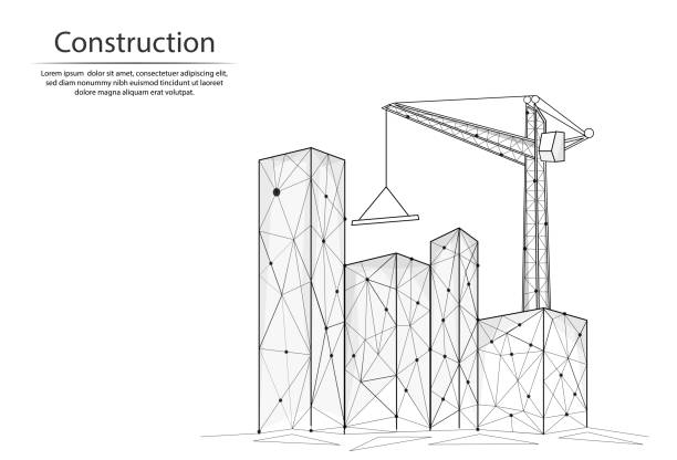 abstrakcyjne konstrukcje obrazów linii i kropek, składające się z trójkątów i kształtów geometrycznych. 3d niskie tło wektora poli. dźwig i plac budowy miasta. - triangle backgrounds connection three dimensional shape stock illustrations