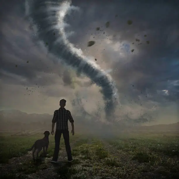 Dramatic big tornado over a field approaches while being watched by a man and his dog, photo, hand-drawing elements and 3d render elements