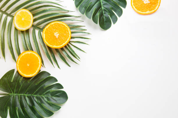 istock Creative hipster tropical leaves and orange fruit background with copy space on bright background. Tropical concept. 1194136215