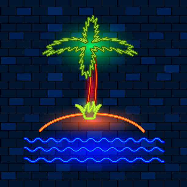 illustrazioni stock, clip art, cartoni animati e icone di tendenza di concetto di icone al neon vip. palma al neon e il mare sullo sfondo muro di mattoni scuri. stile piatto. illustrazione vettoriale - tourist resort hotel silhouette night