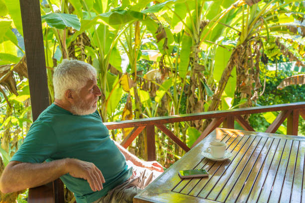 istock Senior men sitting on veranda against banana tree 1194137635