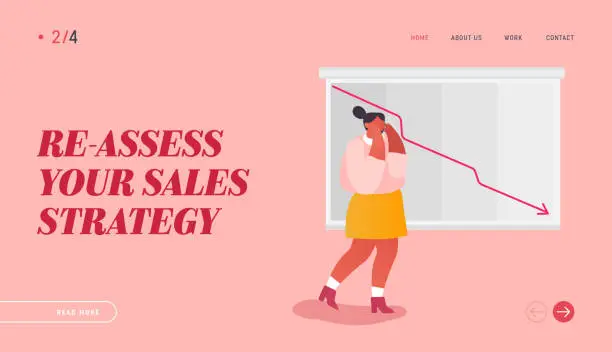 Vector illustration of Failed Sale Strategy Website Landing Page. Stressed Businesswoman Looking at Arrow Diagram Fall Down. Decrease Economy Sale Drop, Cost Reduction Web Page Banner. Cartoon Flat Vector Illustration