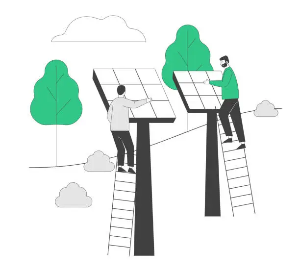 Vector illustration of Renewable Green Energy Concept. Men Stand on Ladders Set Up Solar Panels. People Using Power of Sun for Clean Electricity Development. Environment Protection Cartoon Flat Vector Illustration, Line Art